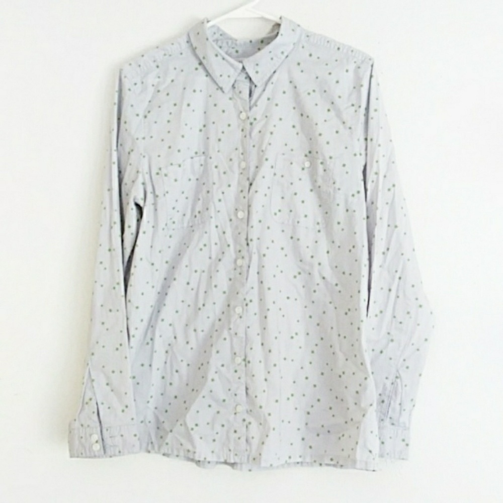 Caslon Light Grey button down top With Green Confetti Print Size Large